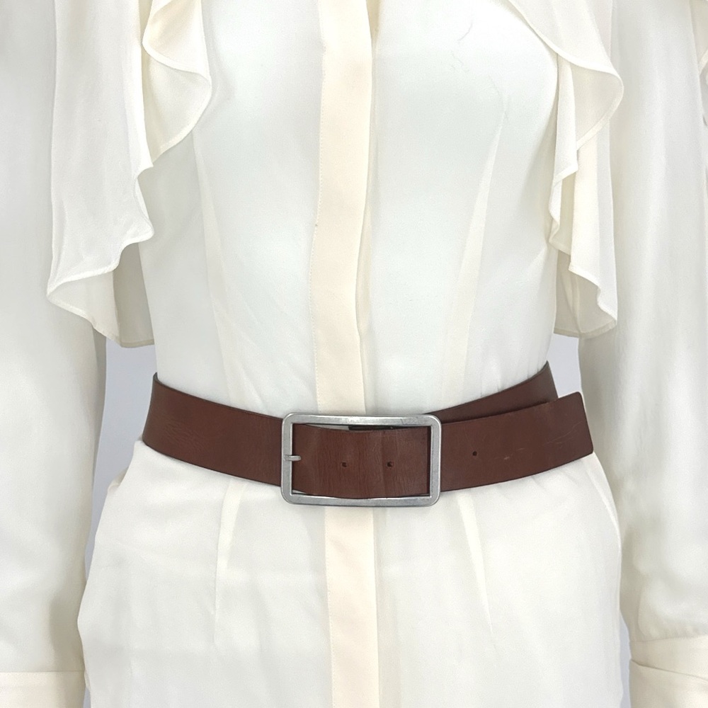 Banana Republic Genuine Brown Leather Belt, Curved Cut, Silver Hardware